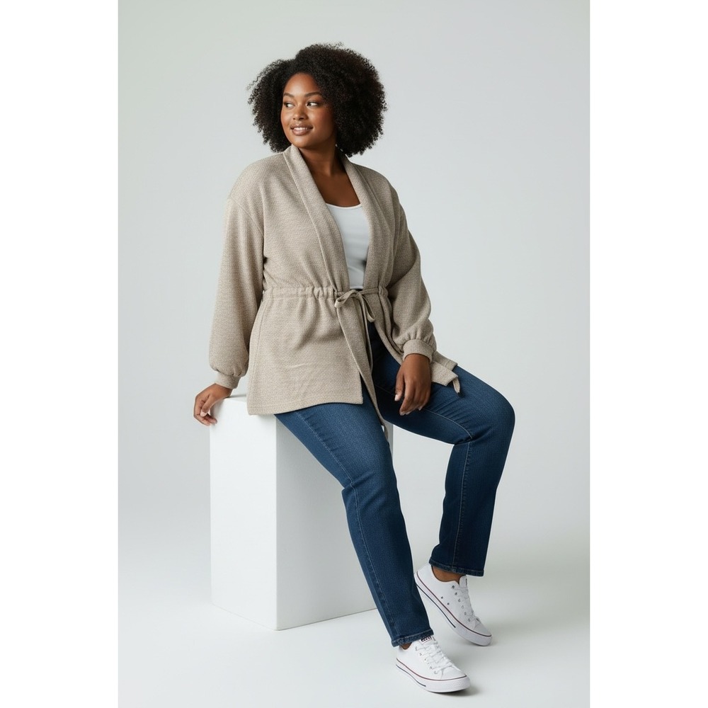 7 For All Mankind Womens Tan Ribbed Knit Drawstring Wrap‎ Cardigan Sweater Large